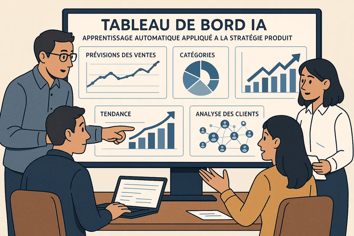 Équipe e-commerce utilisant un tableau de bord IA