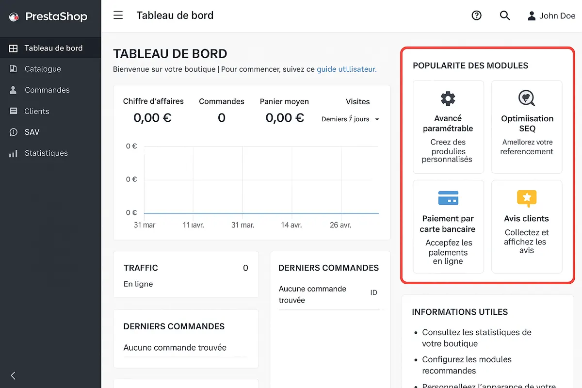 Interface PrestaShop avec modules populaires mis en avant