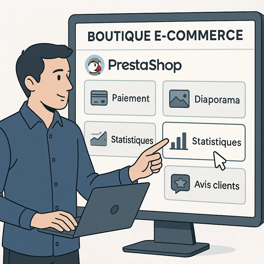Utilisateur configurant des modules sur PrestaShop