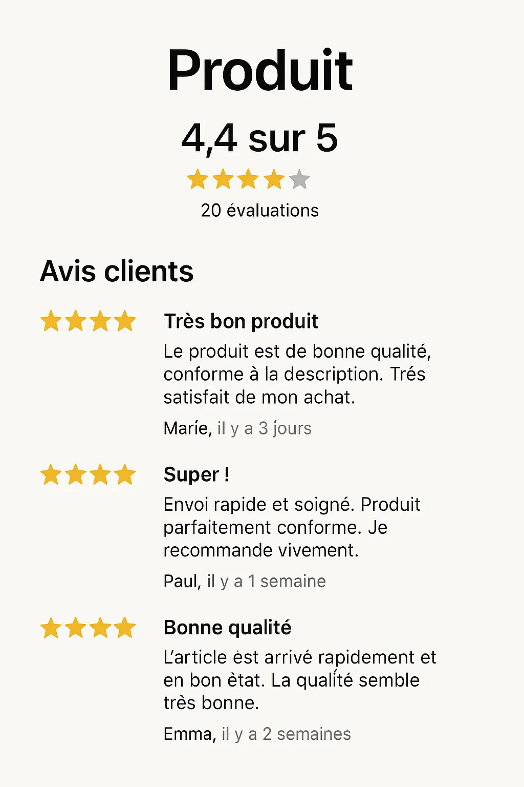 Fiche produit avec avis clients et étoiles