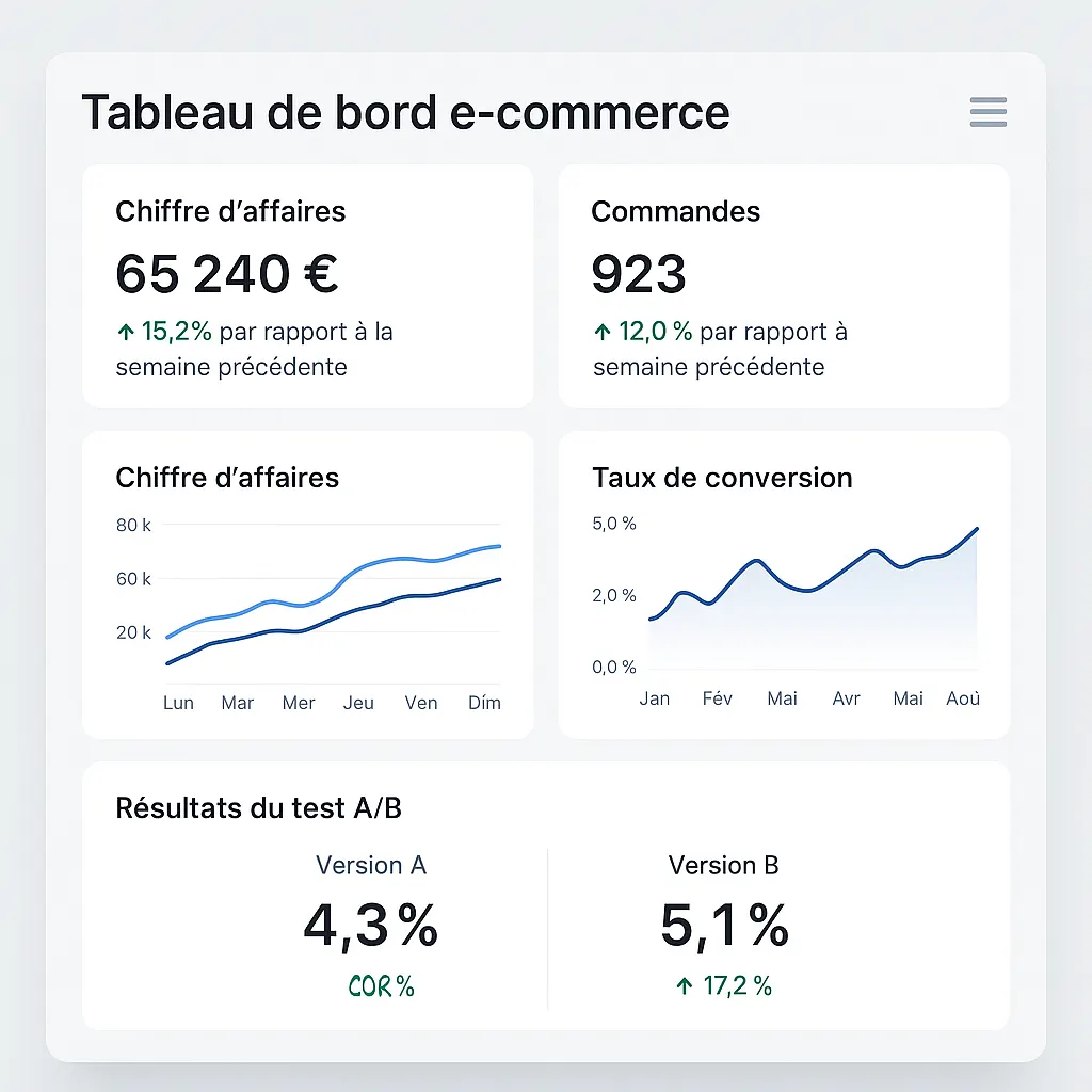 Tableau de bord e-commerce affichant des indicateurs de croissance