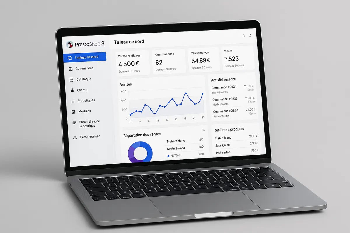Interface moderne de PrestaShop 8 sur ordinateur