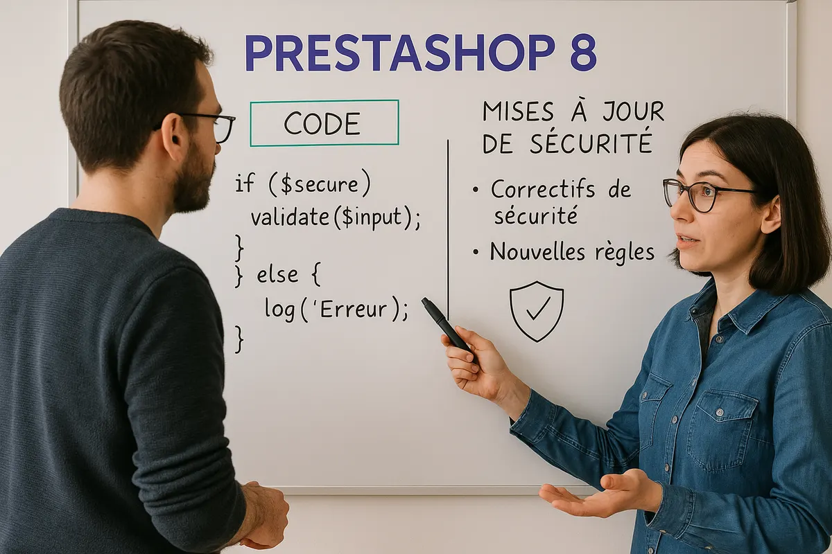 Développeurs discutant des nouveautés PrestaShop 8