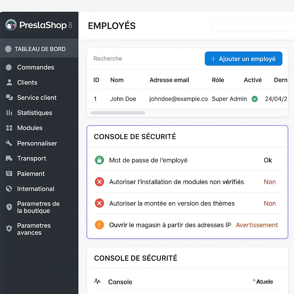 Interface d'administration PrestaShop 8
