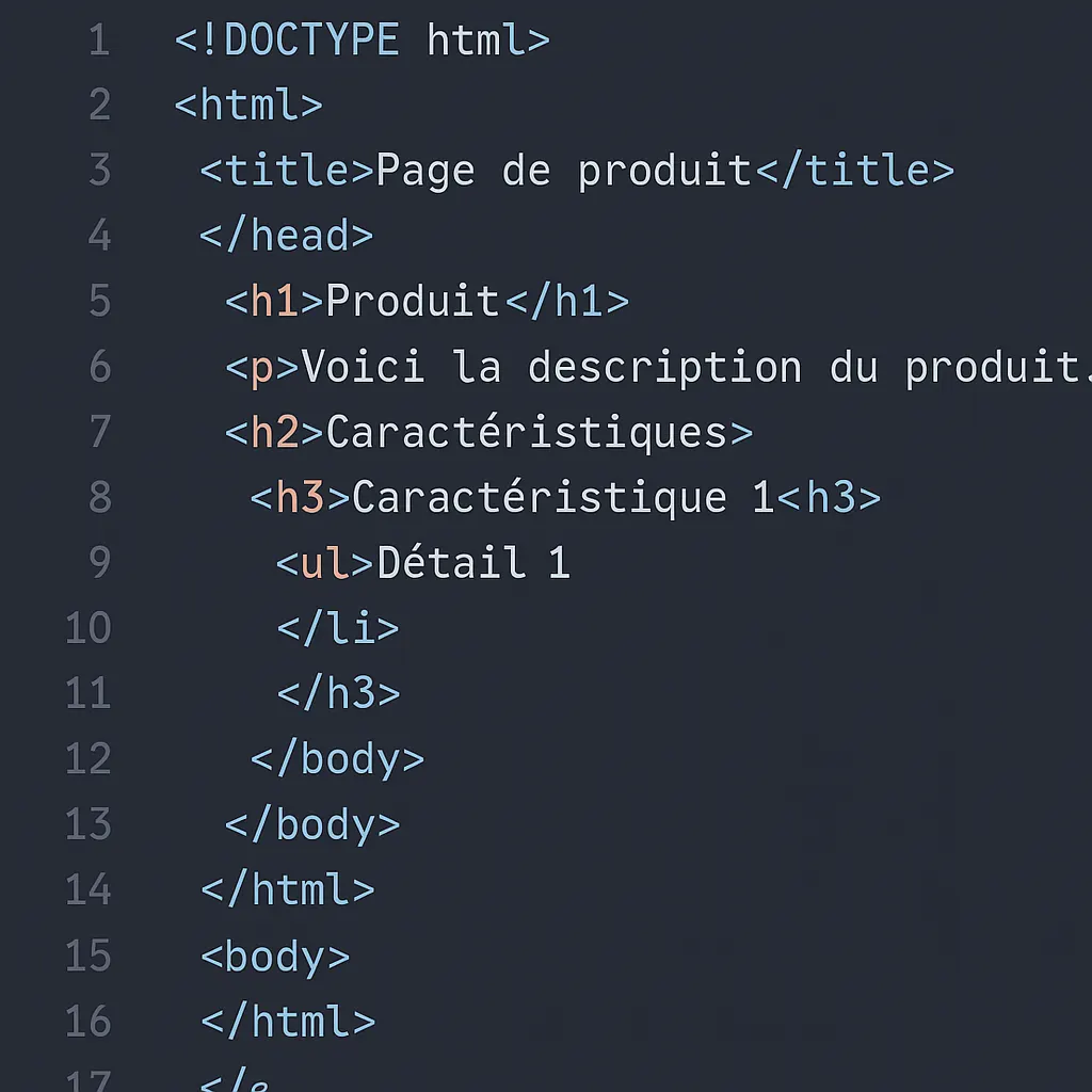 Code HTML avec balises H1 à H3 bien structurées