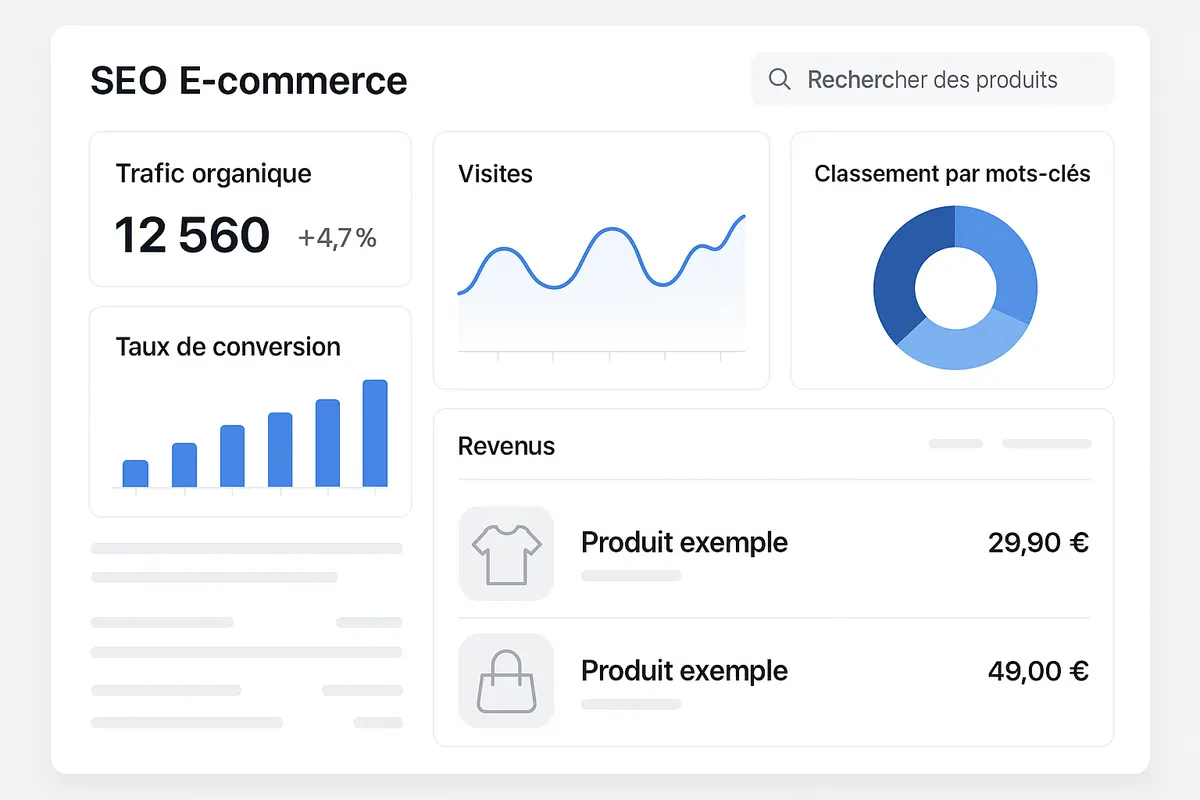 Illustration d’un tableau de bord SEO e-commerce en 2025