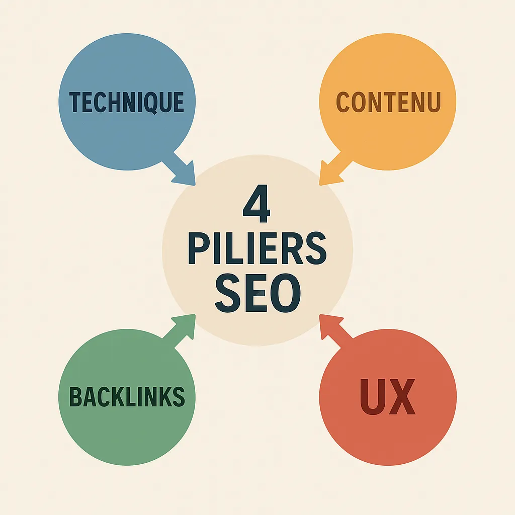 Schéma des 4 piliers du SEO e-commerce