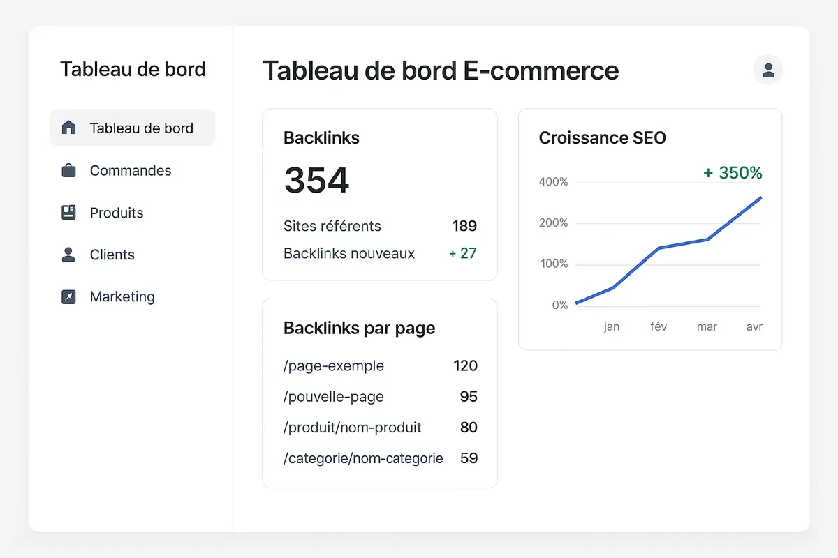 Tableau de bord SEO d’un site e-commerce avec analyses de backlinks