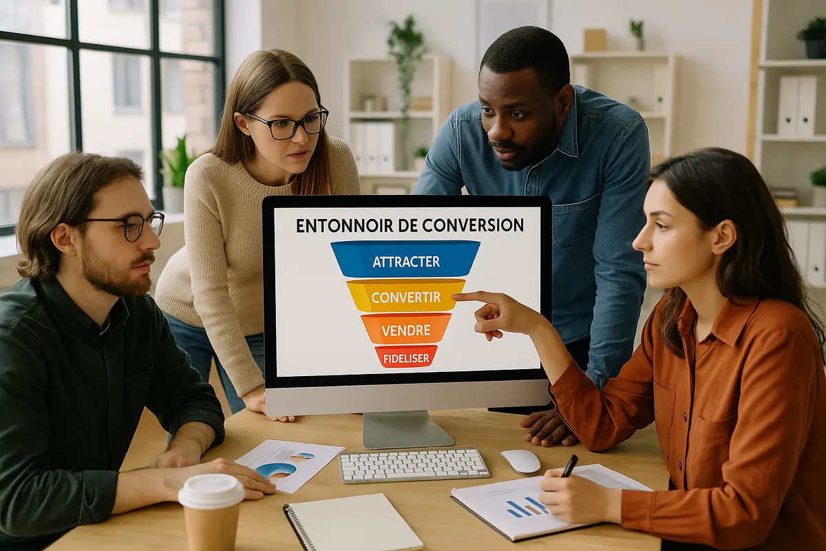 Équipe marketing d'agence web analysant un funnel de conversion