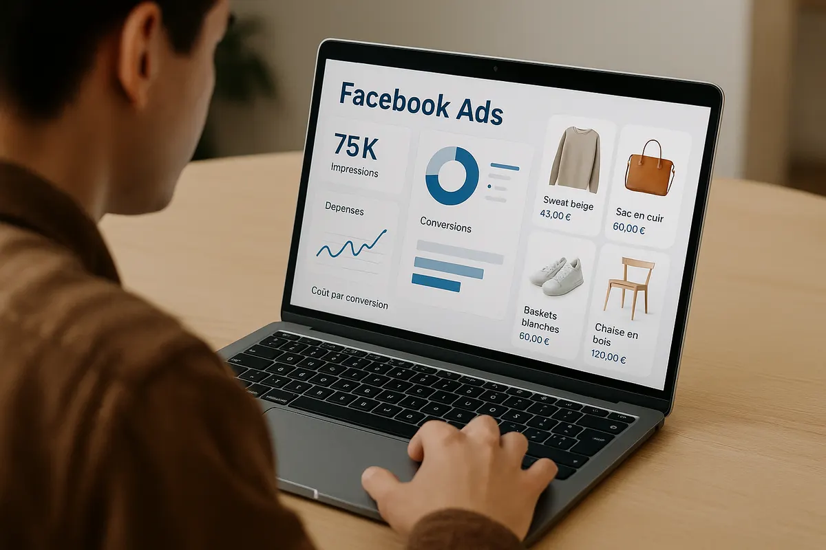 Publicité Facebook Ads pour e-commerce avec graphique de résultats sur écran