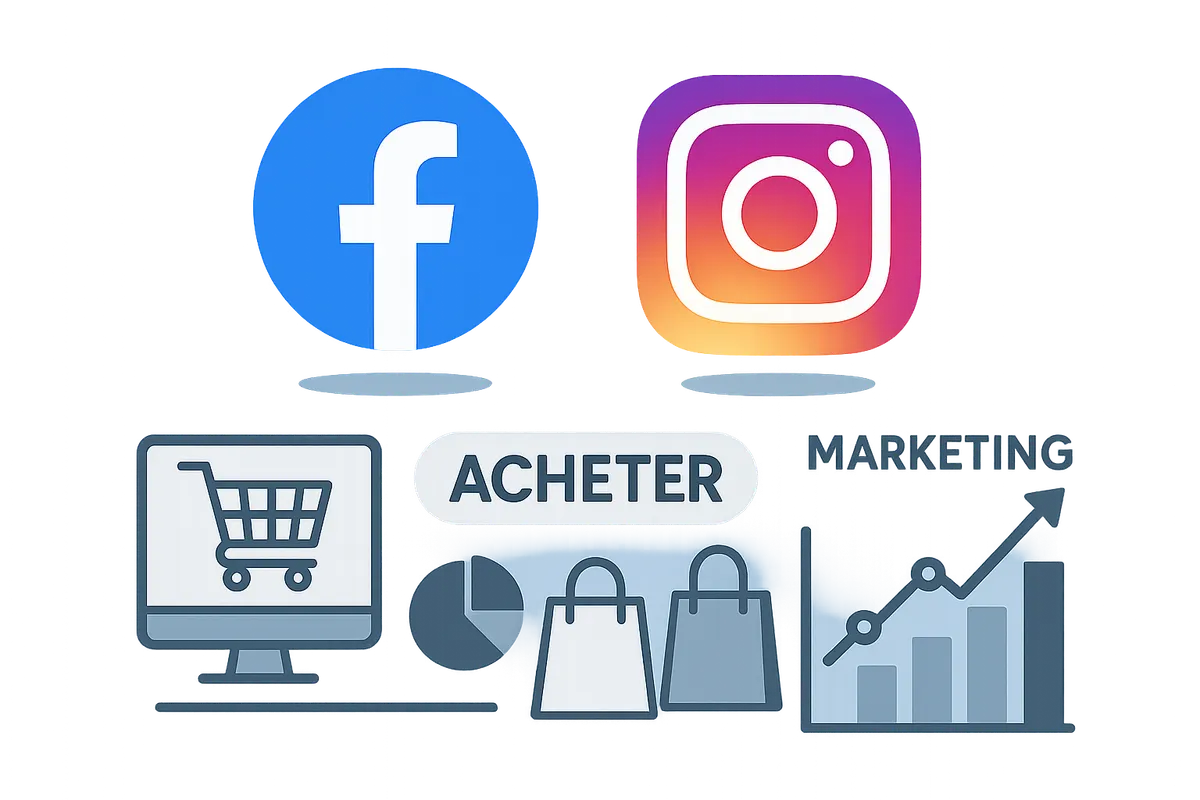 Logos Meta avec graphiques publicitaires et icônes e-commerce