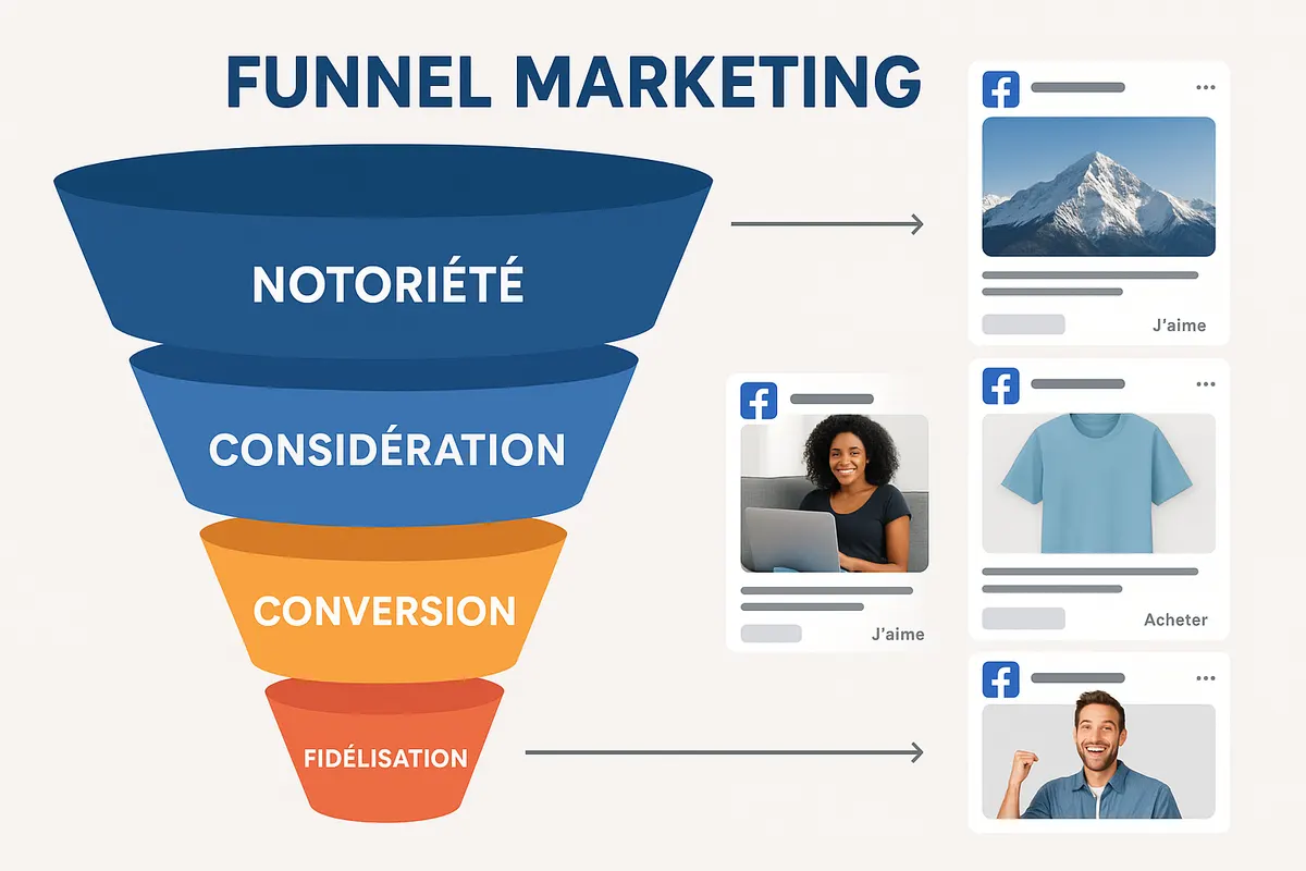 Funnel e-commerce avec types de campagnes Facebook/Instagram à chaque étape
